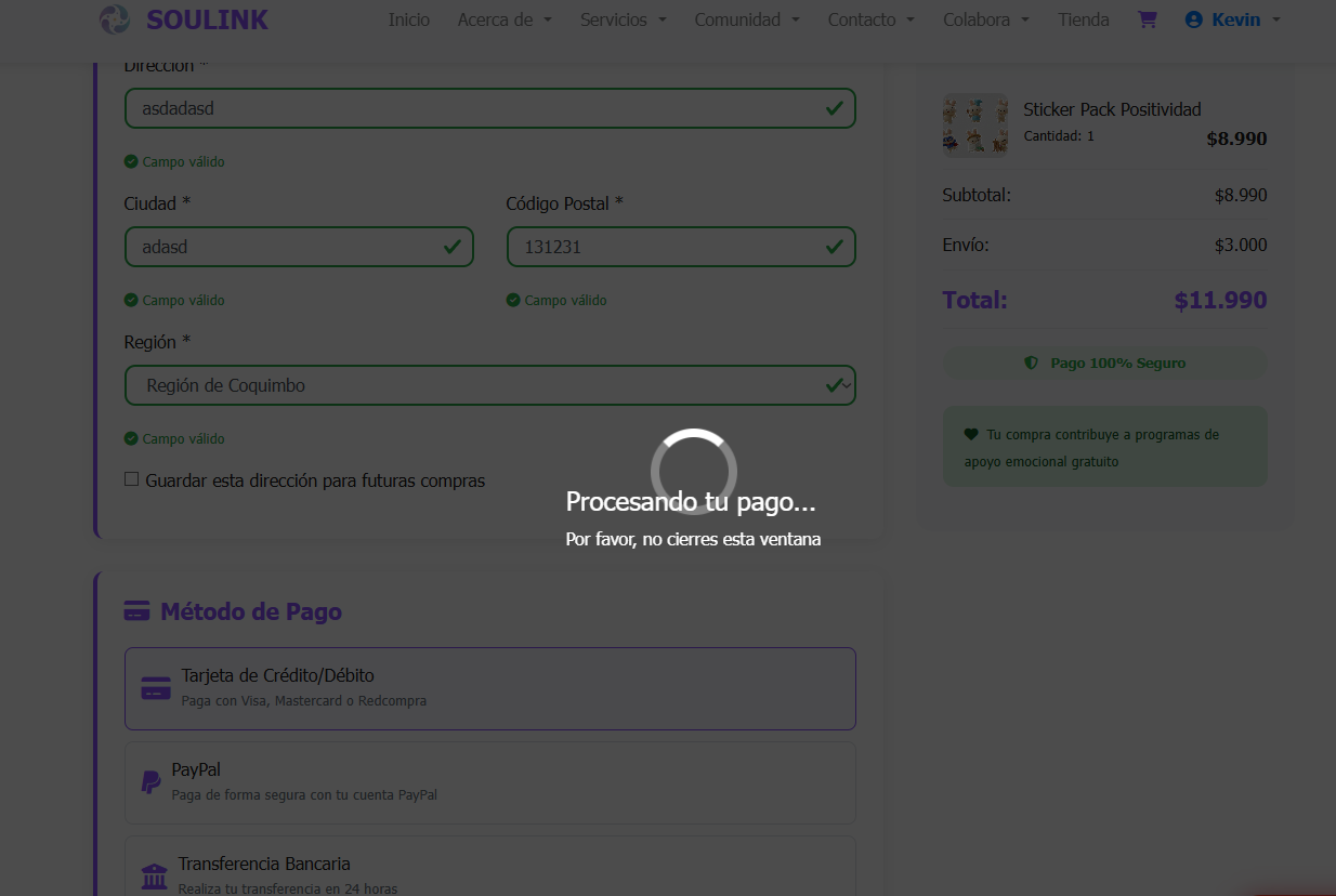 Carrito de compras y checkout de SOULINK