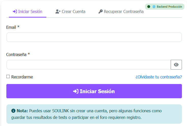 Sistema de login y registro de SOULINK
